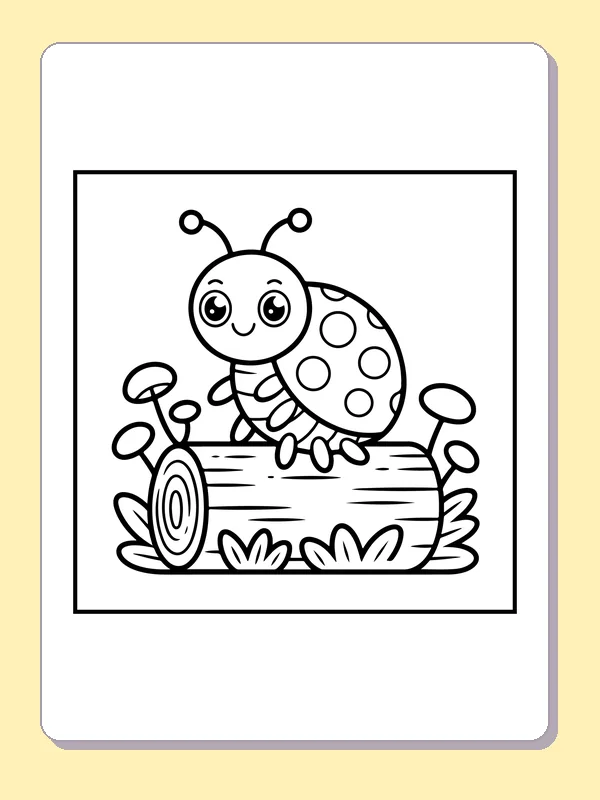 Black and white printable ladybug on a fallen log coloring sheet