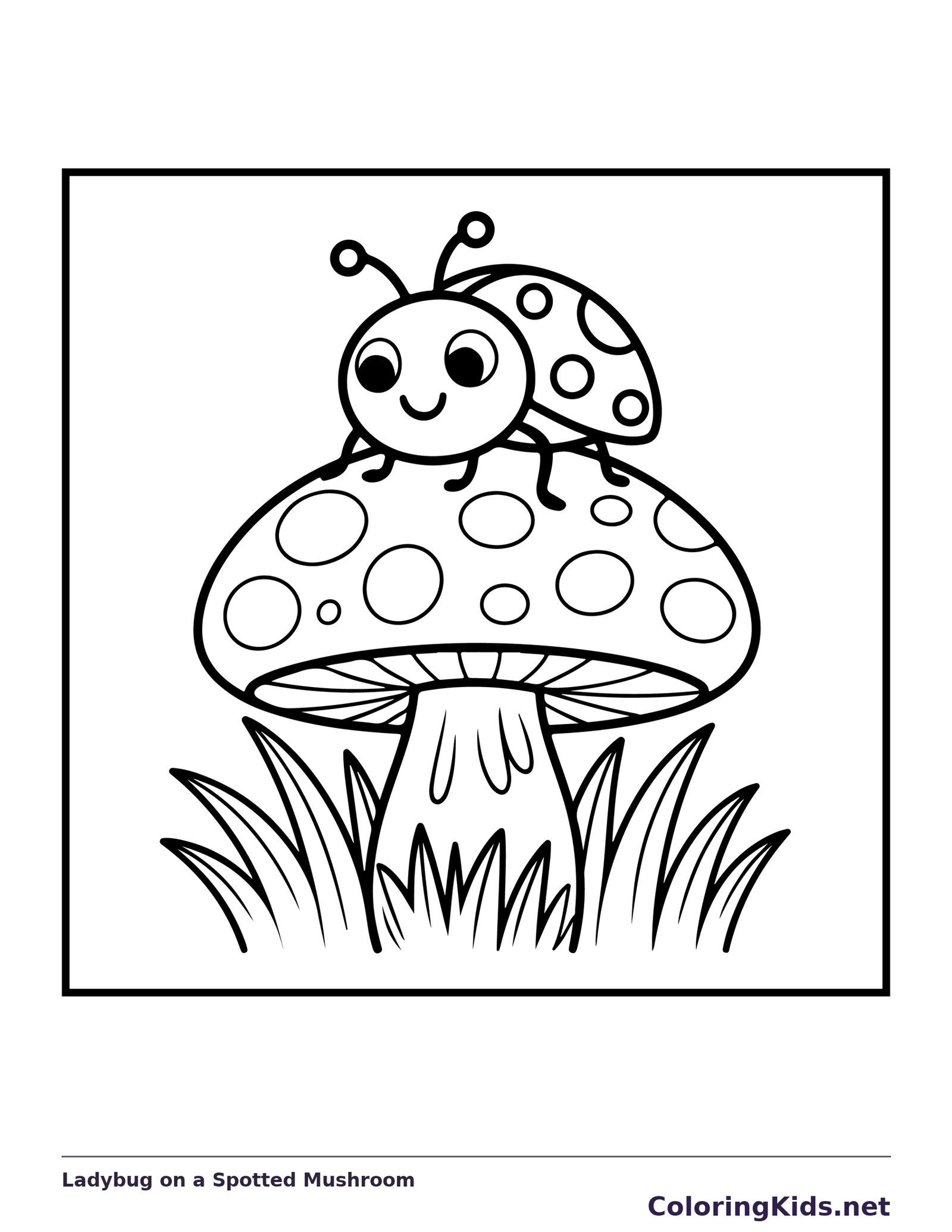 Black and white printable ladybug on a spotted mushroom coloring sheet