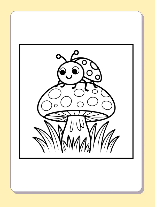 Black and white printable ladybug on a spotted mushroom coloring sheet