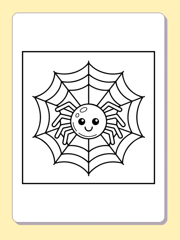Black and white printable spider smiling in a web coloring sheet