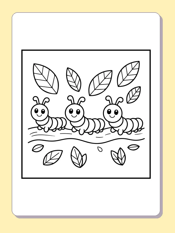 Black and white printable three caterpillars under leaves coloring sheet