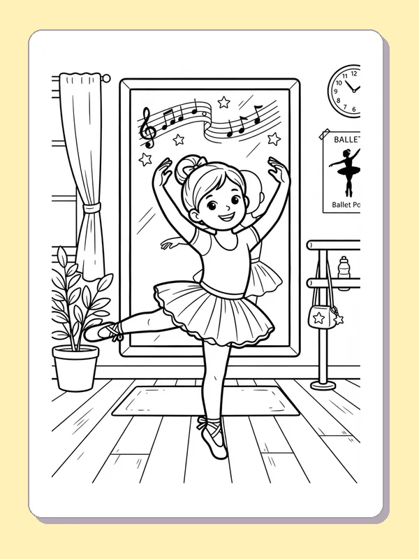 Black-and-white dance coloring page of studio dancer extending one leg. A young dancer holds both arms up and extends one leg sideways before a mirror. A barre, clock and music poster appear nearby.