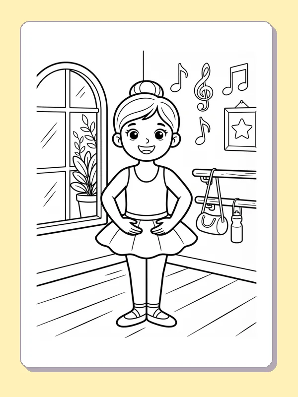 Black-and-white dance coloring page of dancer standing with hands at waist. A child in a tutu stands with both hands at the waist. An arched window, barre, bag and musical notes establish the practice room.