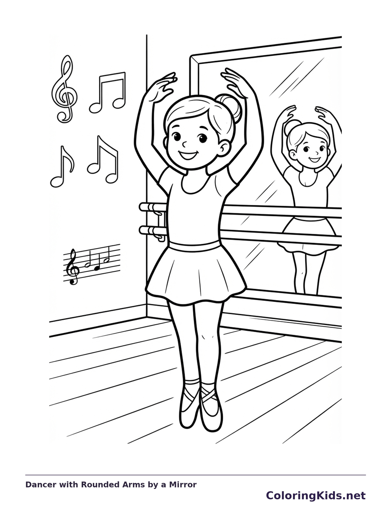 Black-and-white dance coloring page of dancer with rounded arms by a mirror. A tutu-wearing dancer rounds both arms overhead in front of a mirror and barre. The reflection repeats the pose behind the foreground figure.
