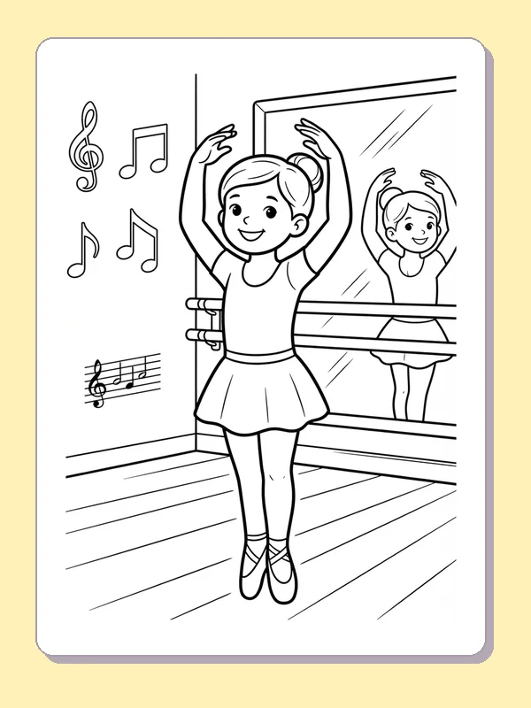 Black-and-white dance coloring page of dancer with rounded arms by a mirror. A tutu-wearing dancer rounds both arms overhead in front of a mirror and barre. The reflection repeats the pose behind the foreground figure.