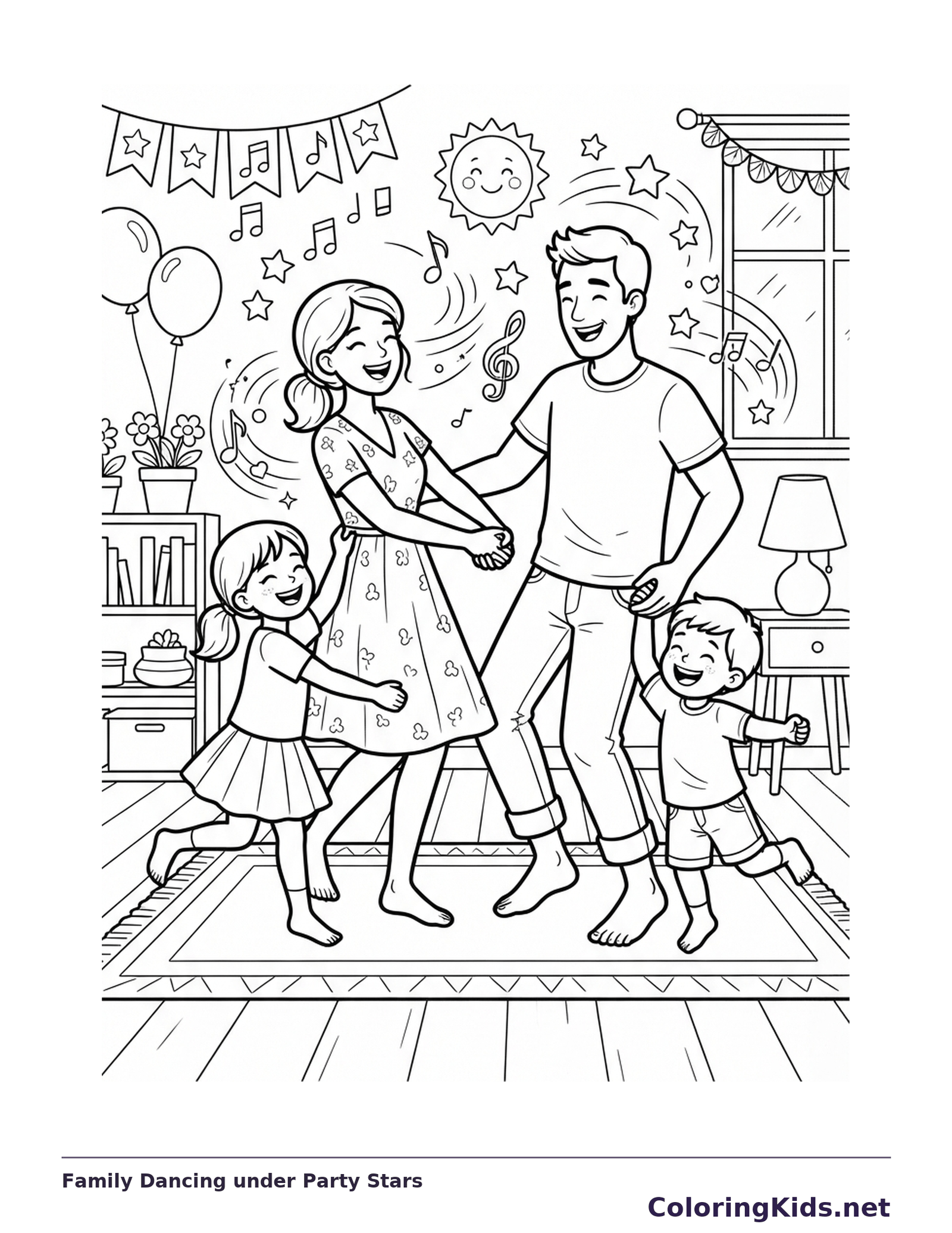 Black-and-white dance coloring page of family dancing under party stars. Two grown-ups and two children move on a living-room rug beneath stars and balloons. The adults face each other as the children reach outward.