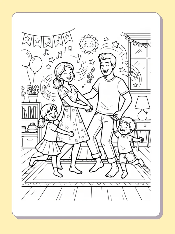 Black-and-white dance coloring page of family dancing under party stars. Two grown-ups and two children move on a living-room rug beneath stars and balloons. The adults face each other as the children reach outward.