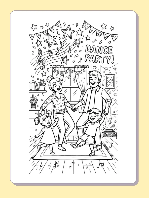 Black-and-white dance coloring page of family beneath a dance party banner. A family of four dances beneath bunting, stars and a large DANCE PARTY sign. Confetti, music notes, curtains and a stereo add small details.