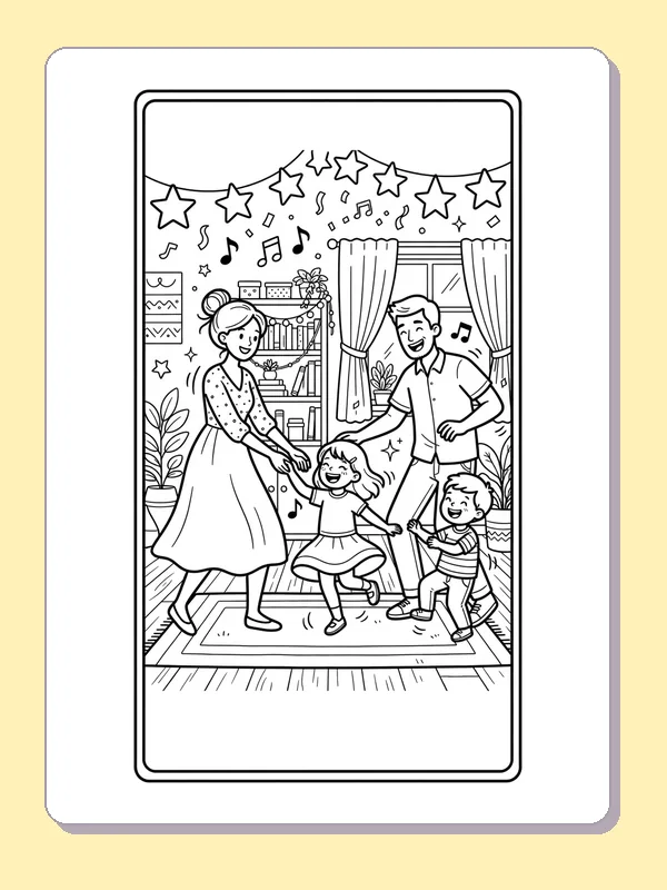 Black-and-white dance coloring page of family dancing on a framed rug. Two parents and two children move together inside a decorative picture border. Star garlands, music notes, shelves and curtains surround their rug.