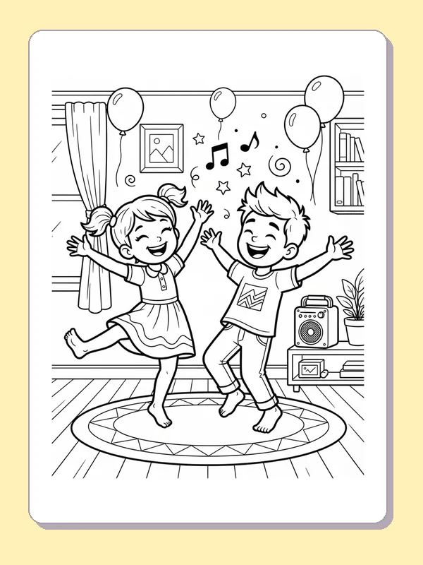 Black-and-white dance coloring page of two children leaping on a living-room rug. Two smiling children lift their feet over a round rug. Balloons, curtains, music notes and a small player surround their jumping poses.