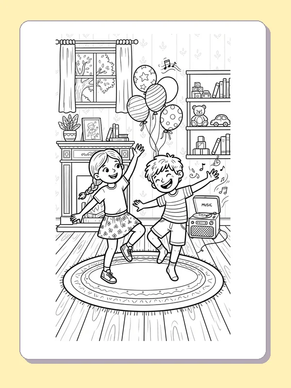 Black-and-white dance coloring page of two dancers beneath living-room balloons. A pair of children dance on a circular rug beneath a bunch of balloons. Window curtains, plants and a shelf fill the room behind them.