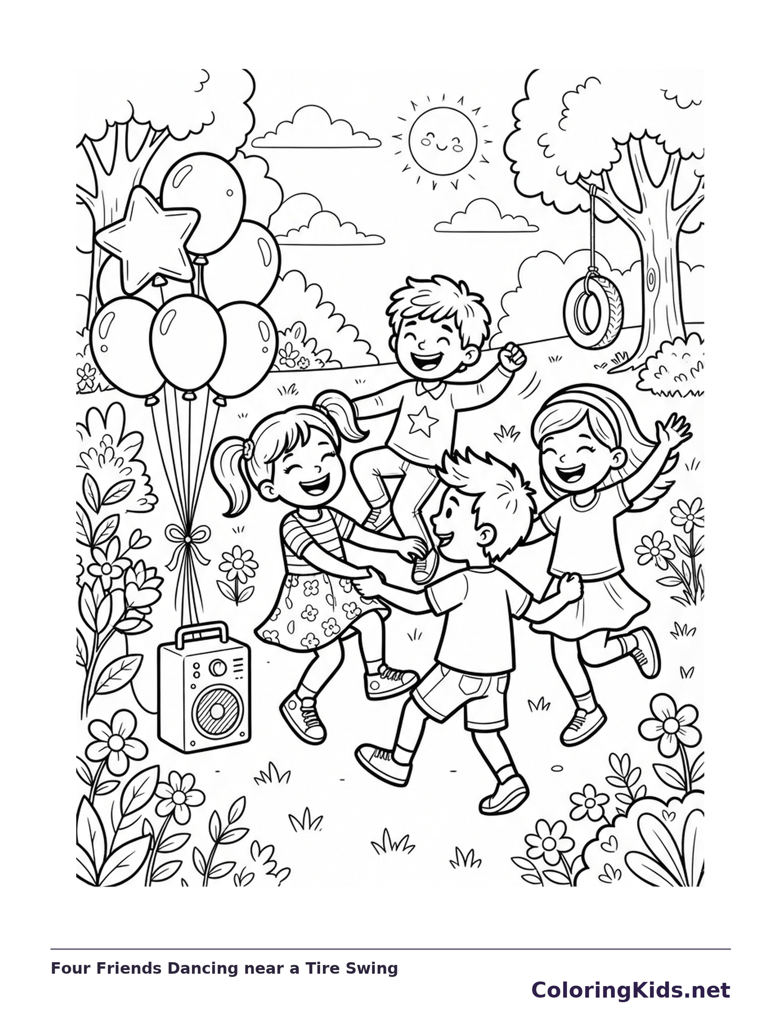 Black-and-white dance coloring page of four friends dancing near a tire swing. Four children dance beside balloons, a portable speaker and a hanging tire swing. Trees, flower clusters and a smiling sun fill the park.