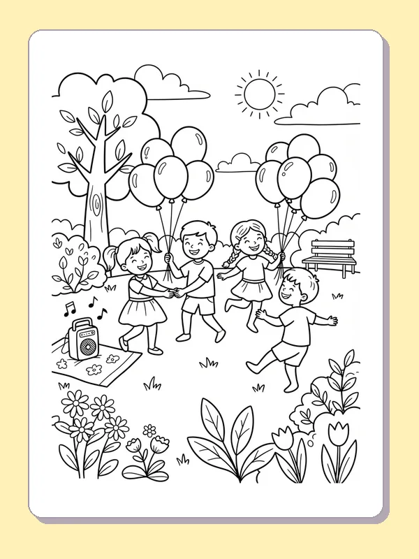 Black-and-white dance coloring page of four children dancing beside park balloons. Four children move in an open park between two balloon bunches. A distant bench, tree, speaker and flowers frame the broad sky.