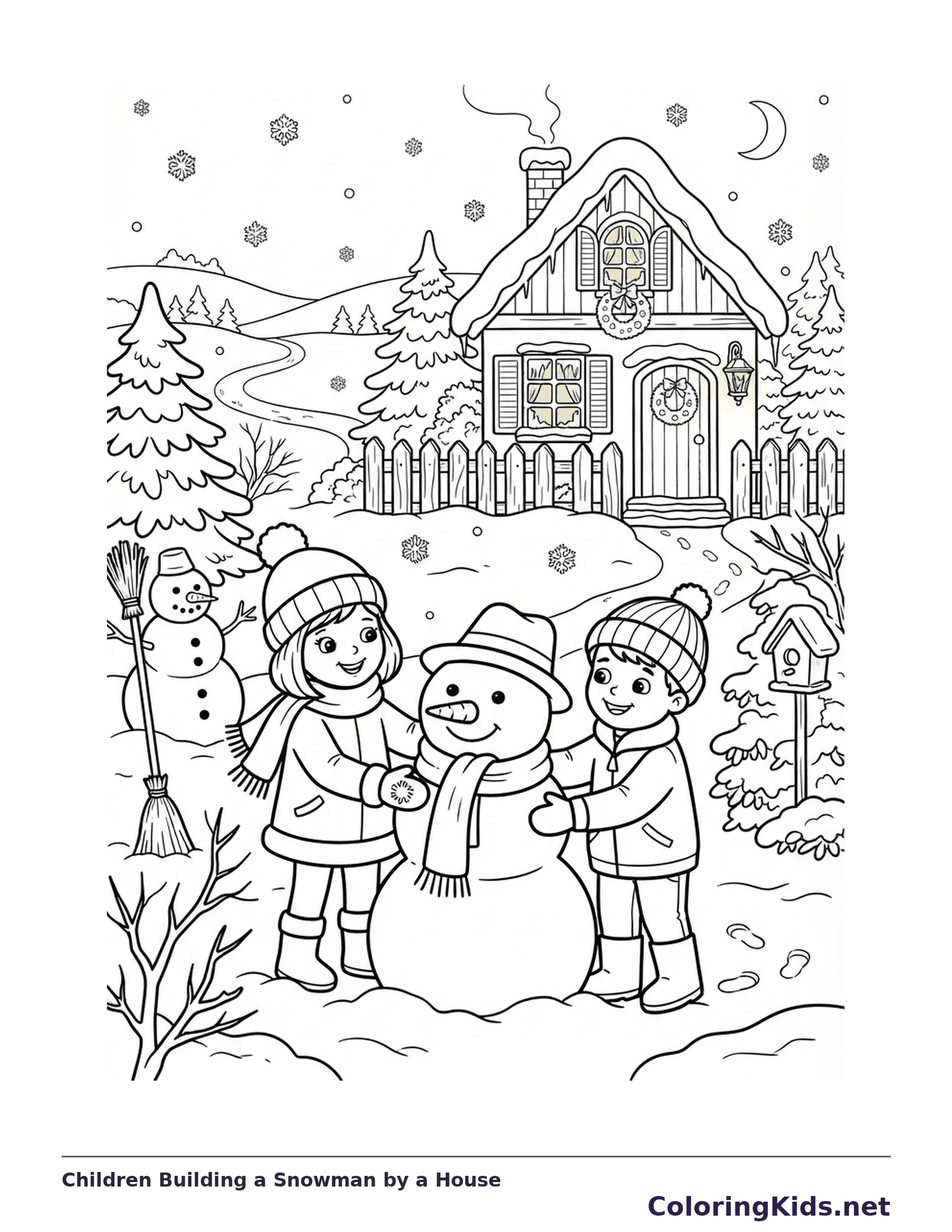 Three bundled children building a snowman near a snowy house.
