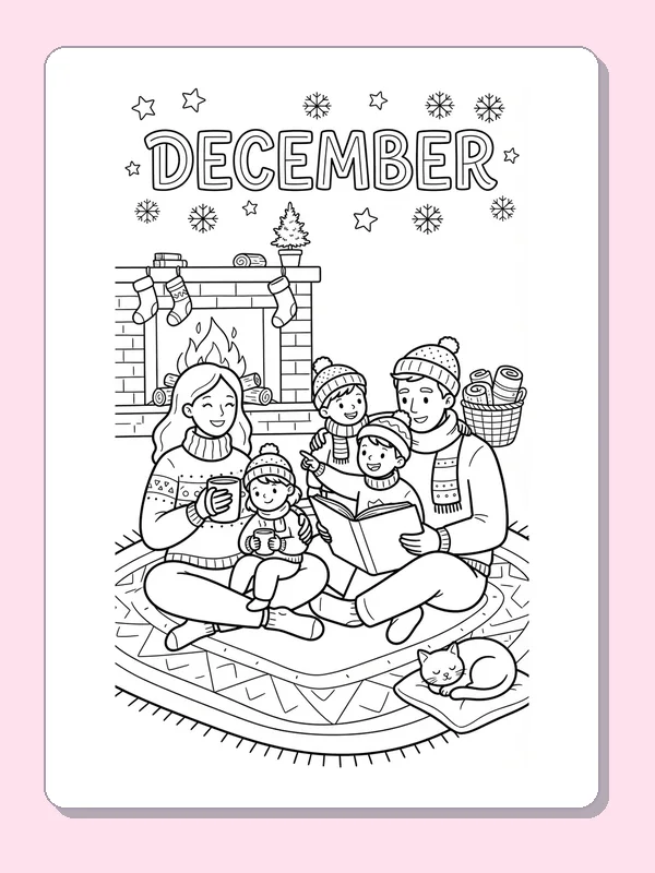 A family of four reading and cuddling by a fireplace with stockings and a sleeping cat.