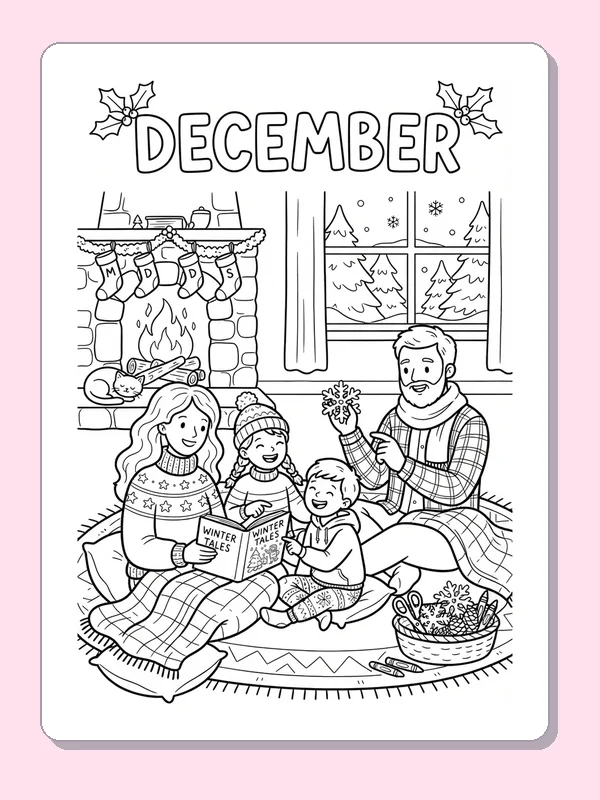 A family gathered under a blanket beside a lit fireplace and snowy window.