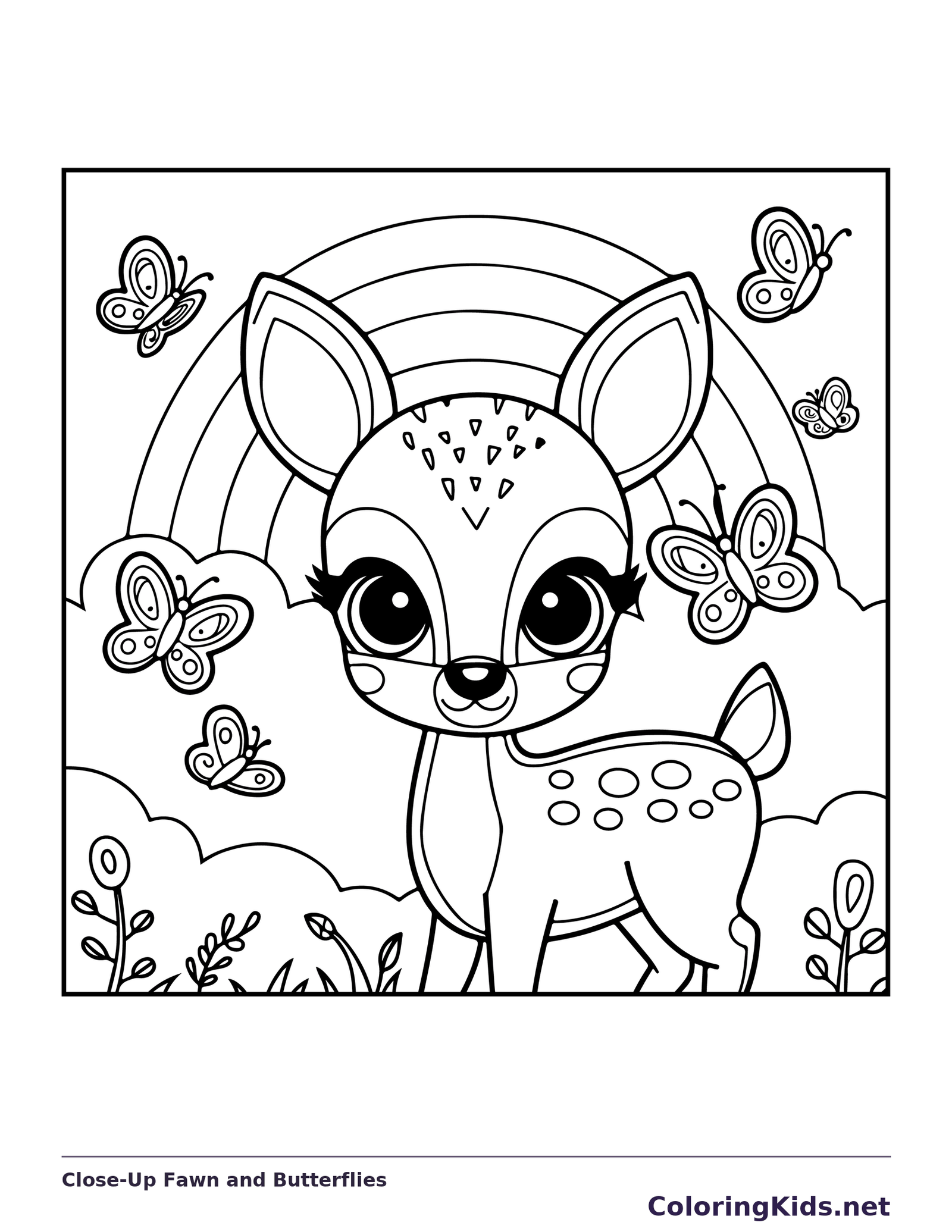 Close-Up Fawn and Butterflies coloring page: black and white line art to print or color online