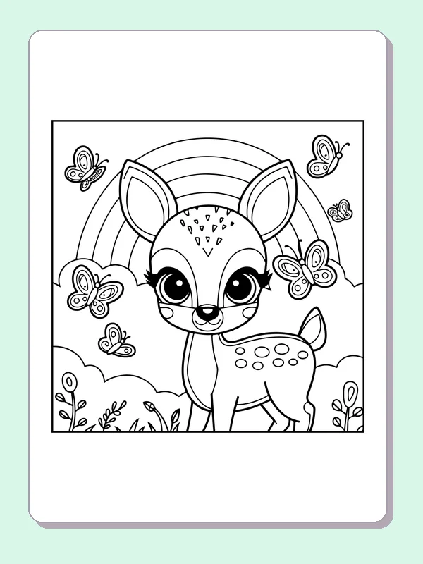 Close-Up Fawn and Butterflies coloring page: black and white line art to print or color online