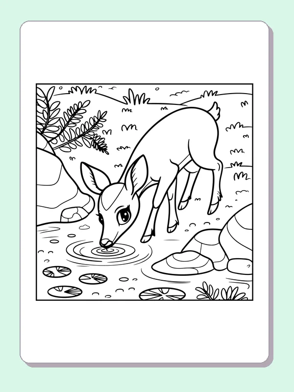 Deer Drinking at a Stream coloring page: black and white line art to print or color online