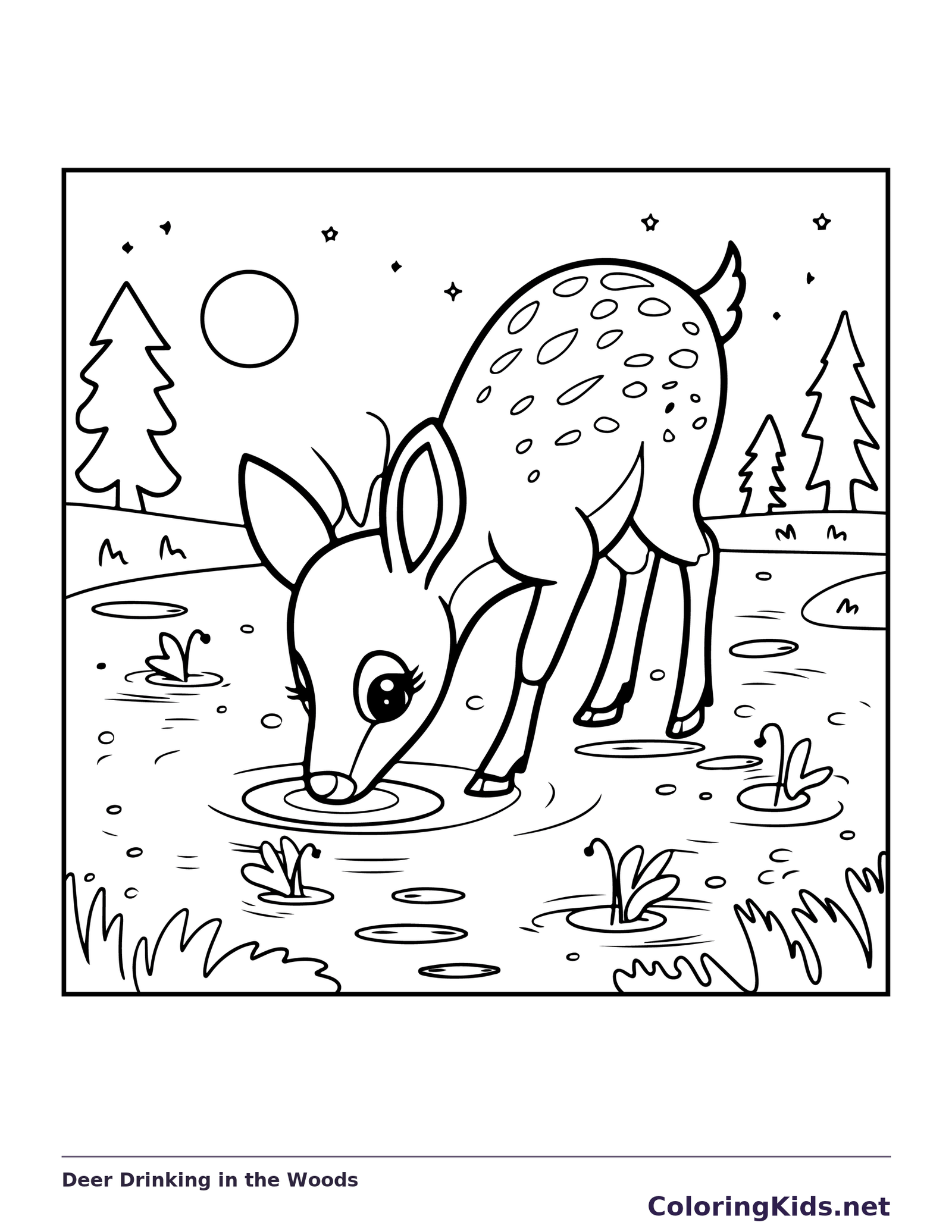 Deer Drinking in the Woods coloring page: black and white line art to print or color online