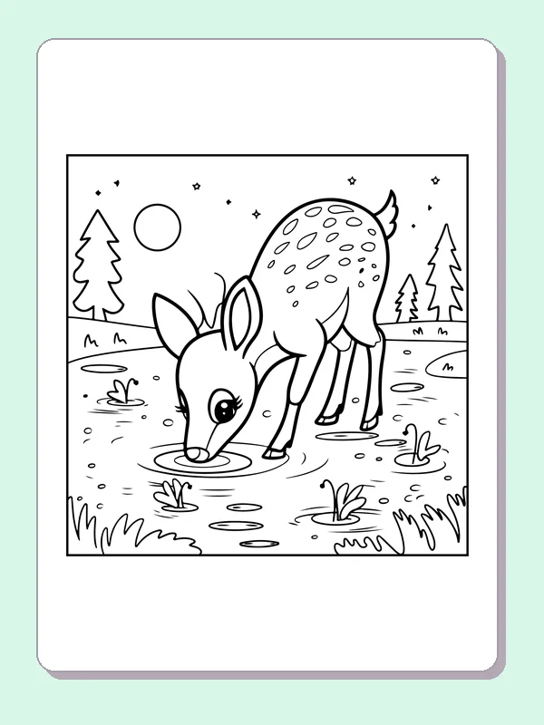 Deer Drinking in the Woods coloring page: black and white line art to print or color online