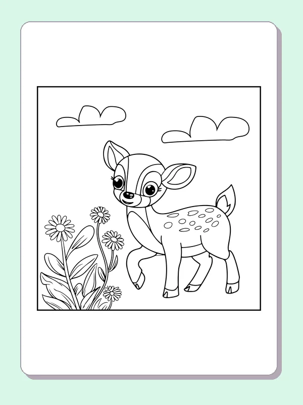 Deer Walking by Wildflowers coloring page: black and white line art to print or color online
