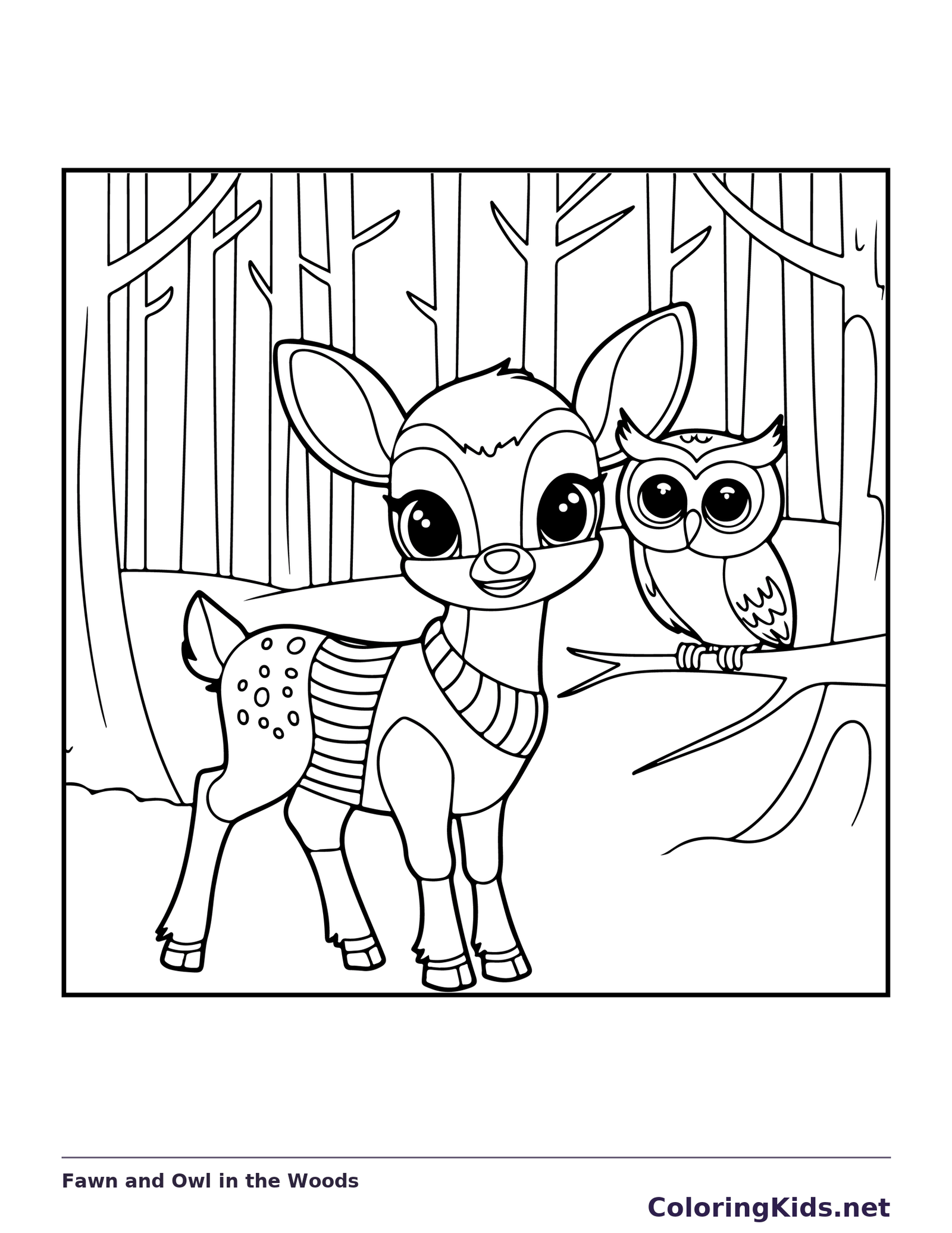 Fawn and Owl in the Woods coloring page: black and white line art to print or color online