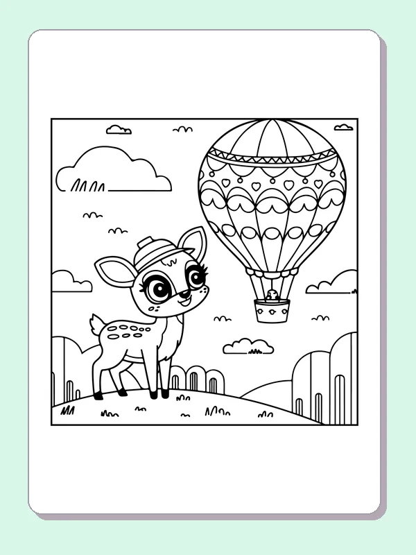Fawn and Patterned Balloon coloring page: black and white line art to print or color online