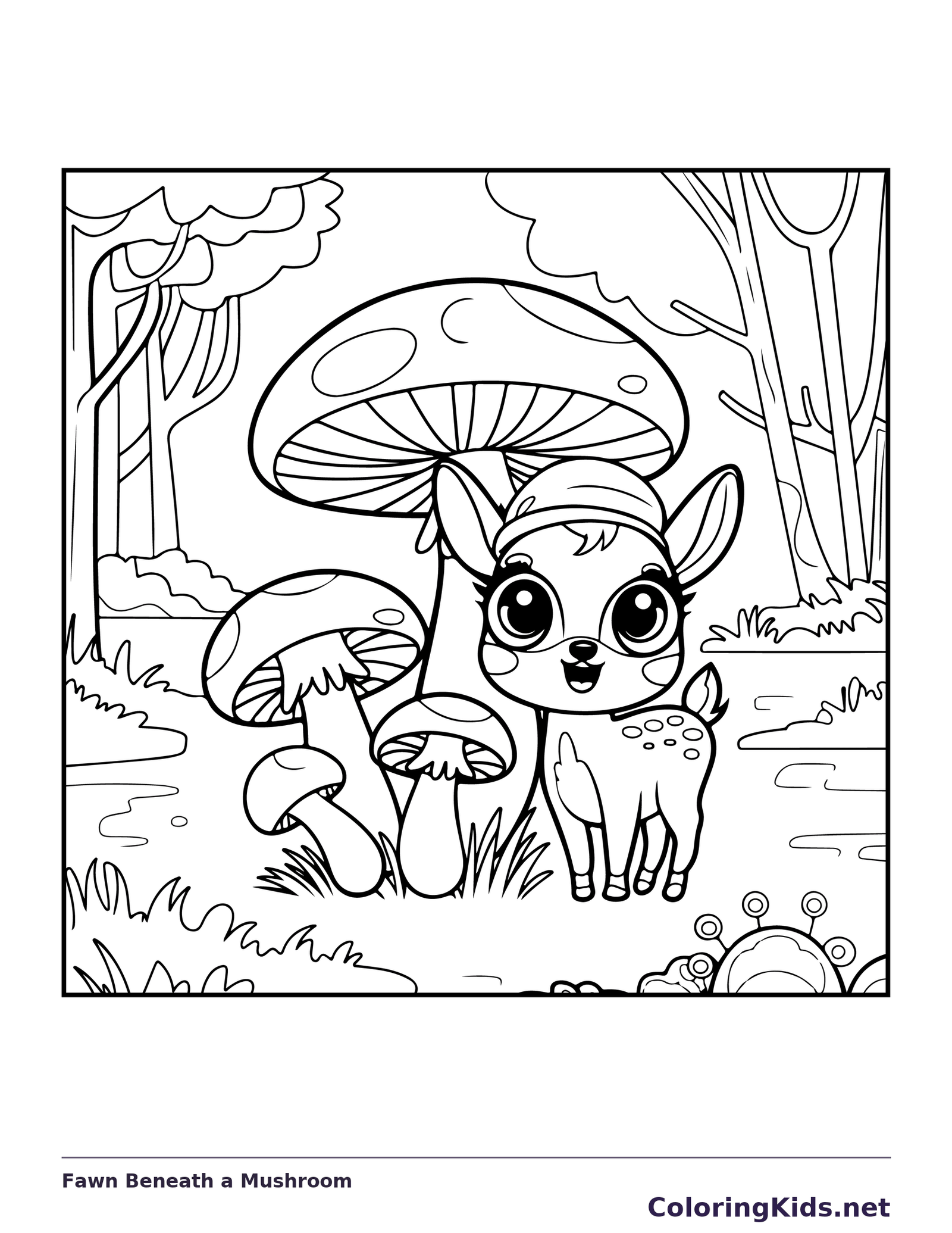 Fawn Beneath a Mushroom coloring page: black and white line art to print or color online