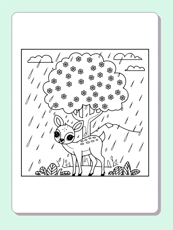 Fawn Beneath a Rainy Tree coloring page: black and white line art to print or color online