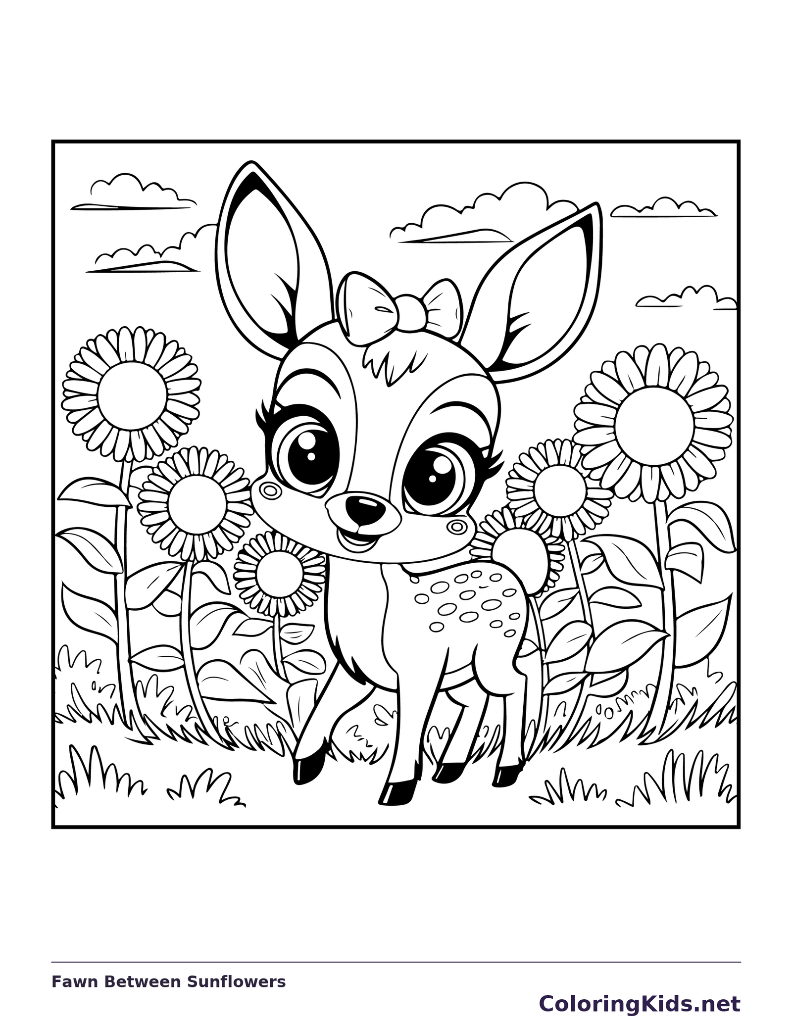 Fawn Between Sunflowers coloring page: black and white line art to print or color online