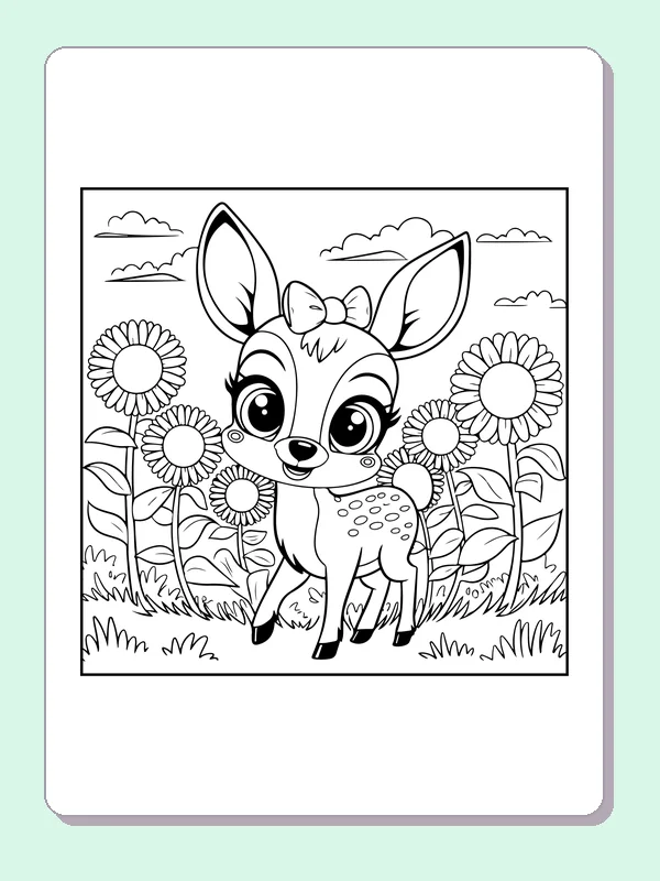Fawn Between Sunflowers coloring page: black and white line art to print or color online