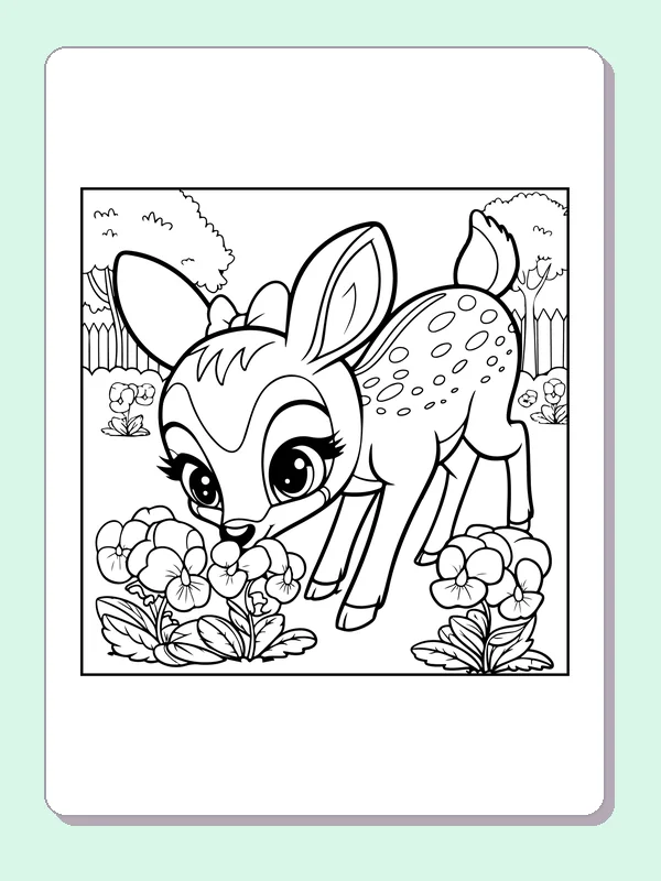 Fawn Browsing Forest Flowers coloring page: black and white line art to print or color online