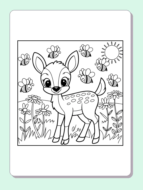 Fawn in a Butterfly Meadow coloring page: black and white line art to print or color online