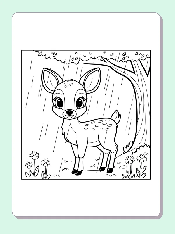 Fawn in a Rainy Forest coloring page: black and white line art to print or color online