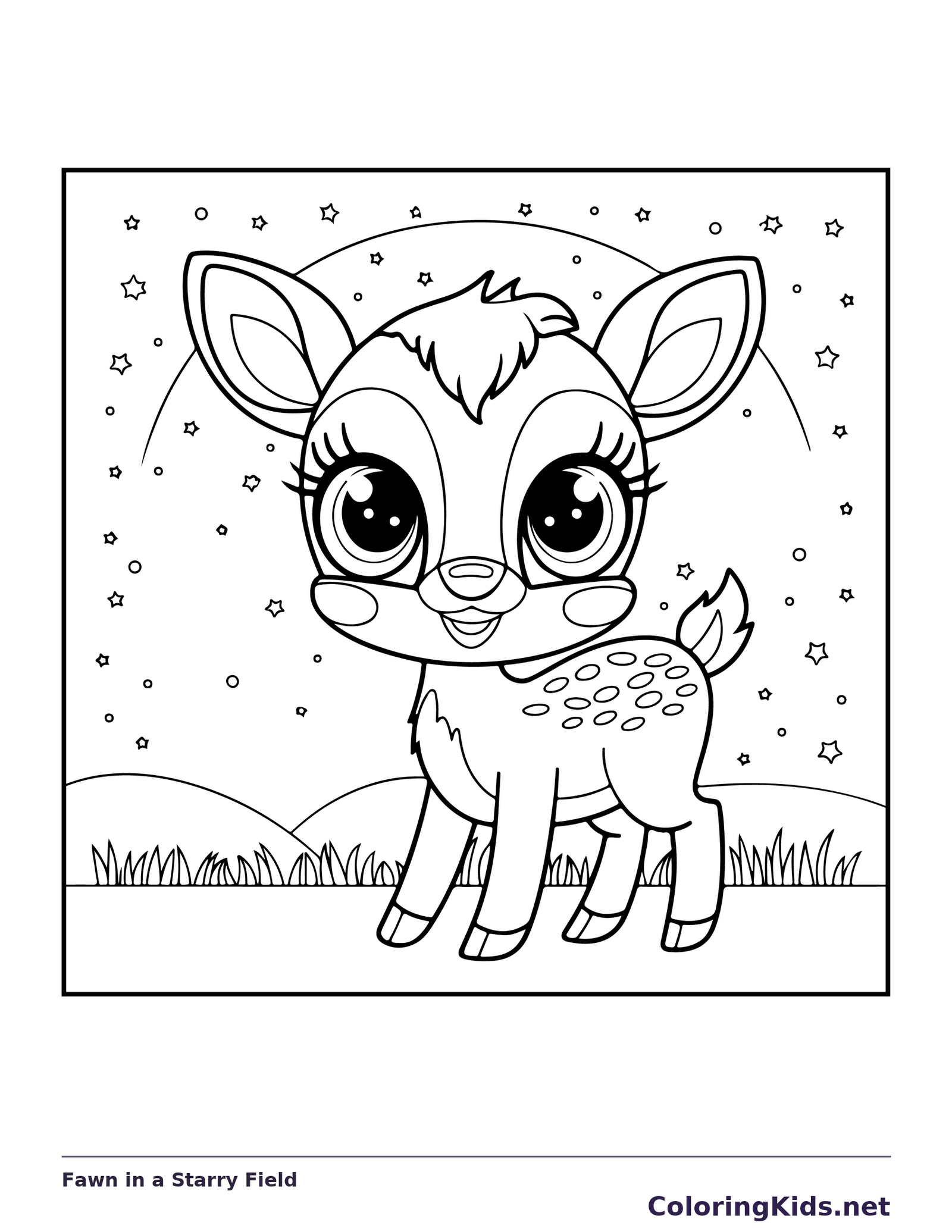 Fawn in a Starry Field coloring page: black and white line art to print or color online