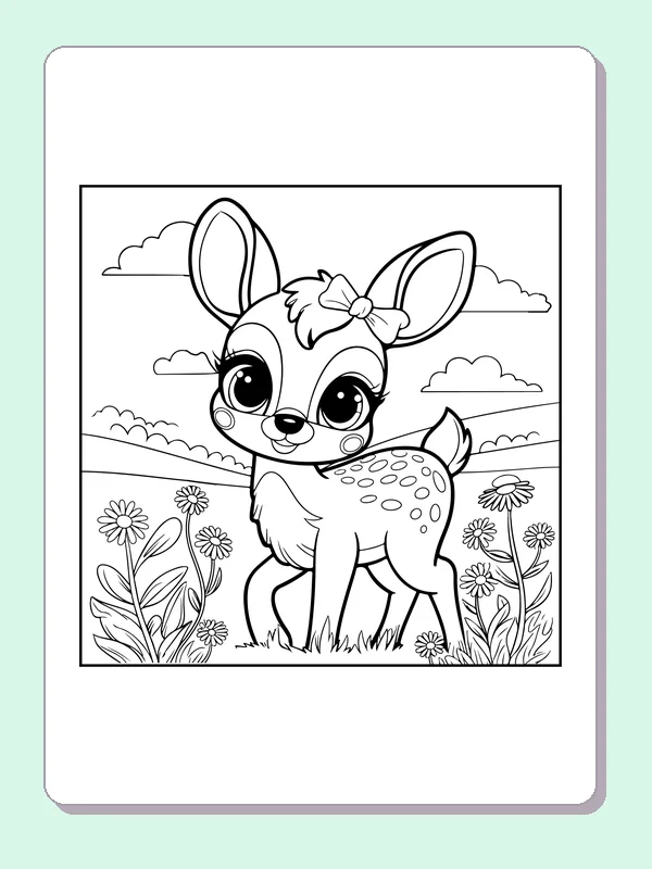 Fawn on a Flower Hill coloring page: black and white line art to print or color online