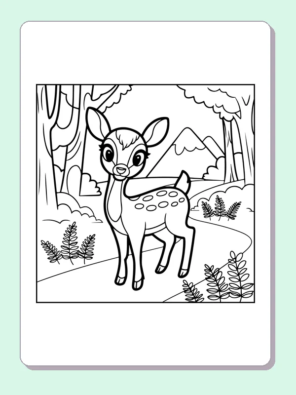 Fawn on a Forest Path coloring page: black and white line art to print or color online
