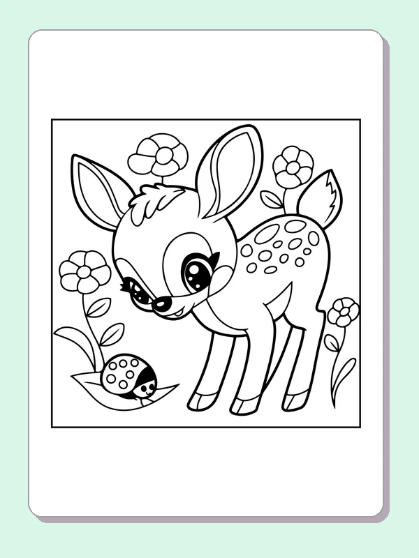 Fawn Sniffing a Beetle coloring page: black and white line art to print or color online