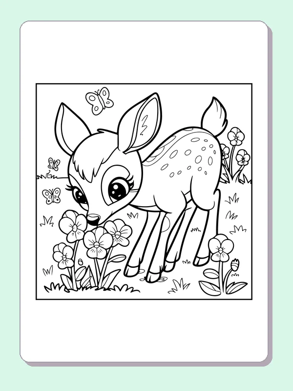 Fawn Sniffing Meadow Flowers coloring page: black and white line art to print or color online