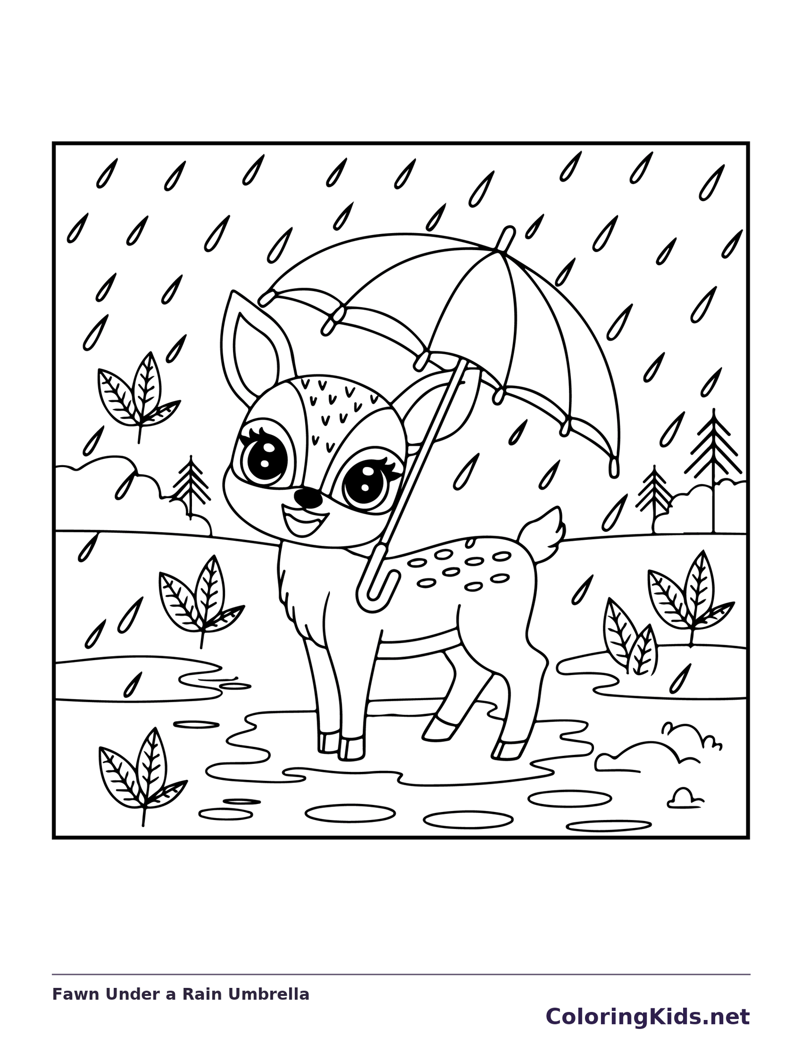 Fawn Under a Rain Umbrella coloring page: black and white line art to print or color online