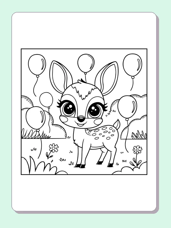 Fawn With Balloons coloring page: black and white line art to print or color online