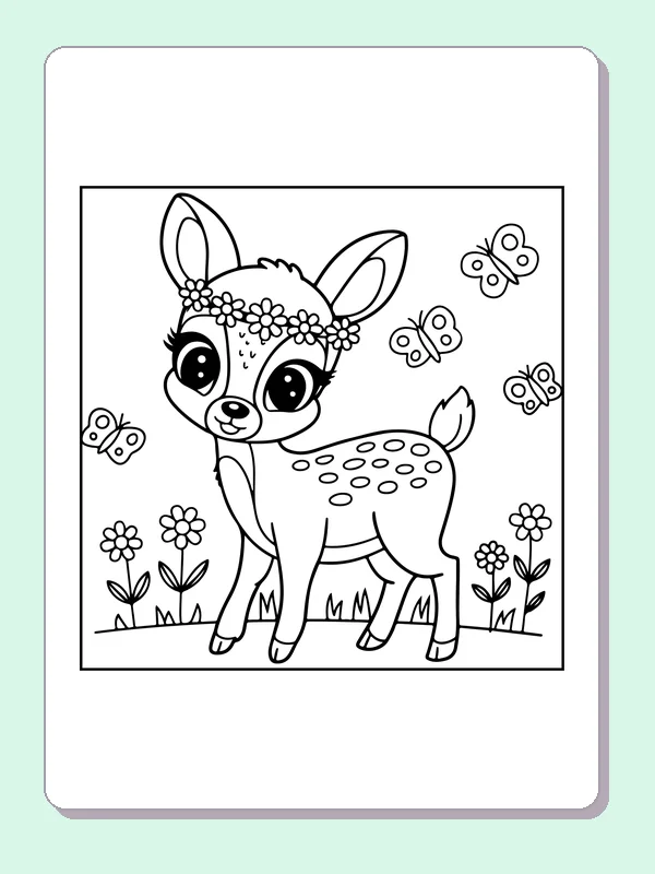 Fawn With Butterflies and Flowers coloring page: black and white line art to print or color online