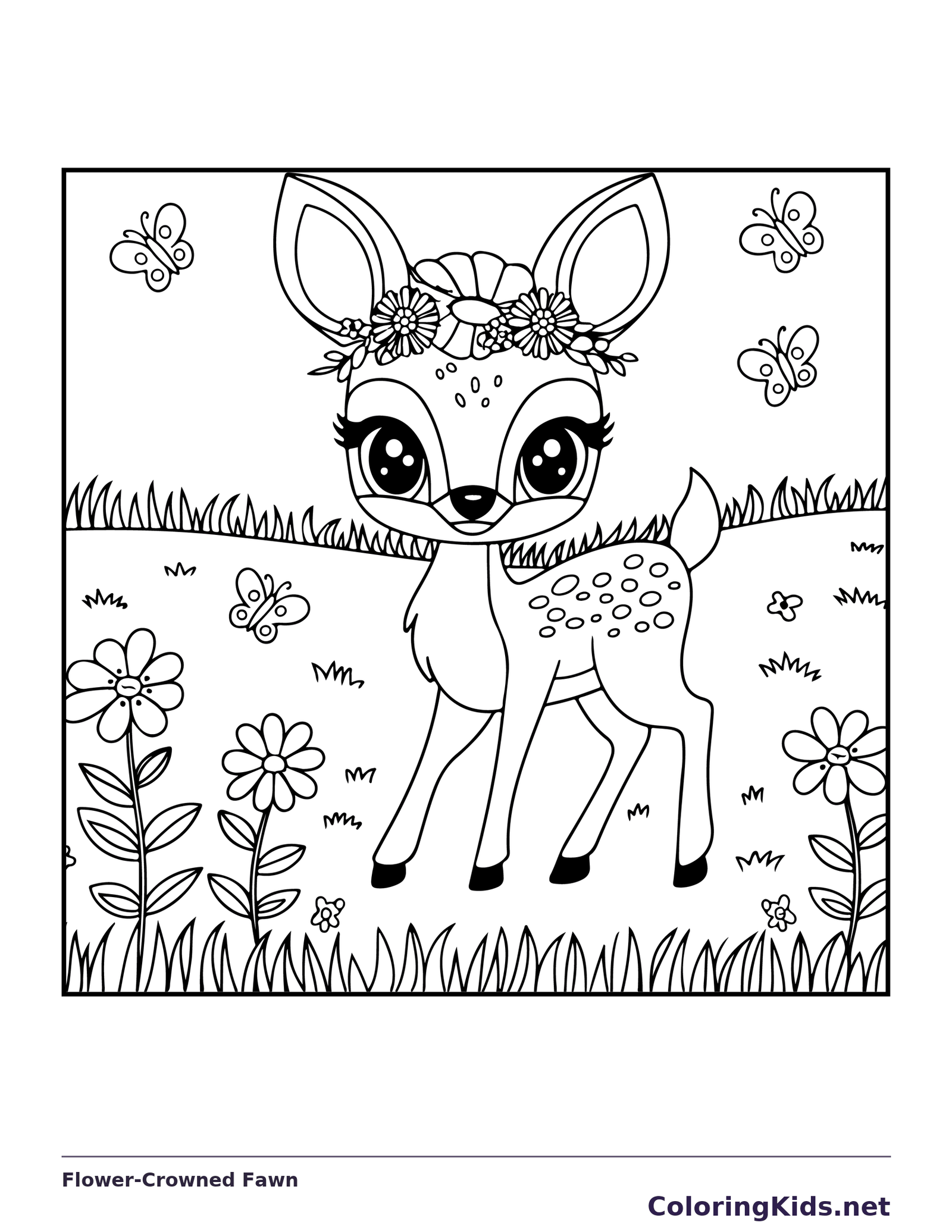 Flower-Crowned Fawn coloring page: black and white line art to print or color online