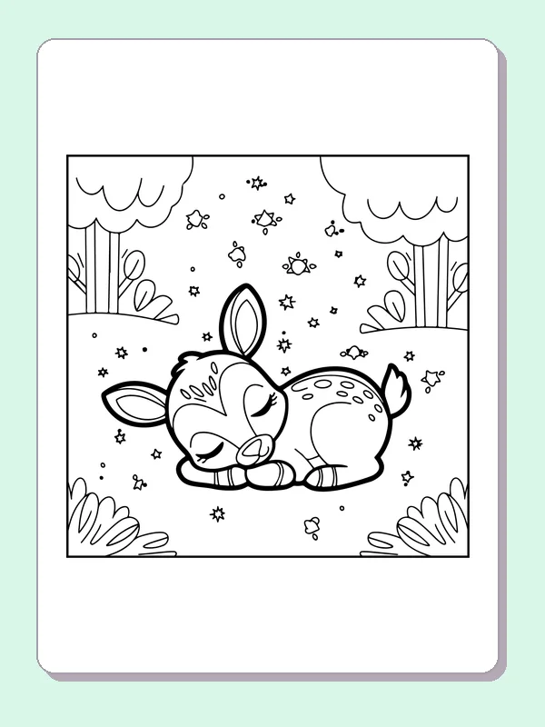 Sleeping Fawn in the Woods coloring page: black and white line art to print or color online