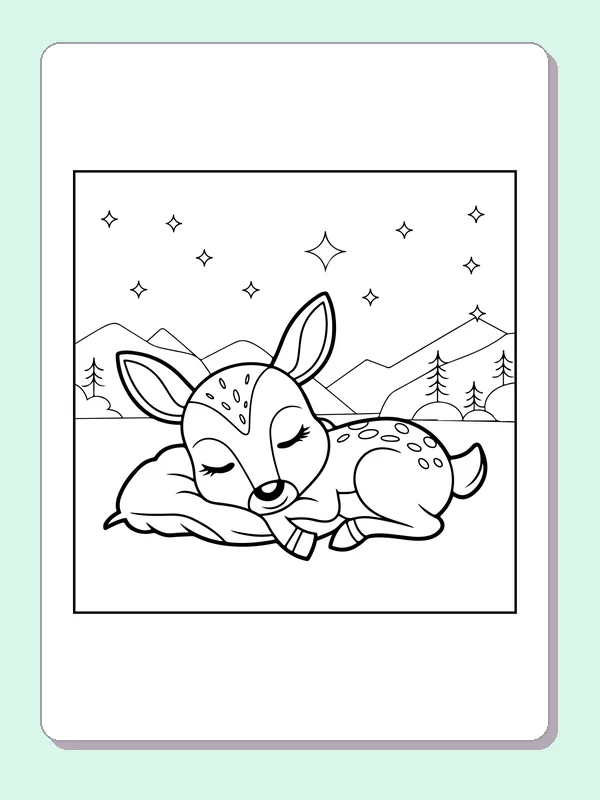 Sleeping Fawn Under Stars coloring page: black and white line art to print or color online