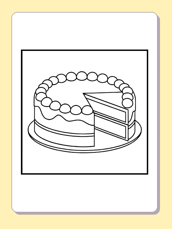 Round layer cake with one slice removed and icing dots around the edge