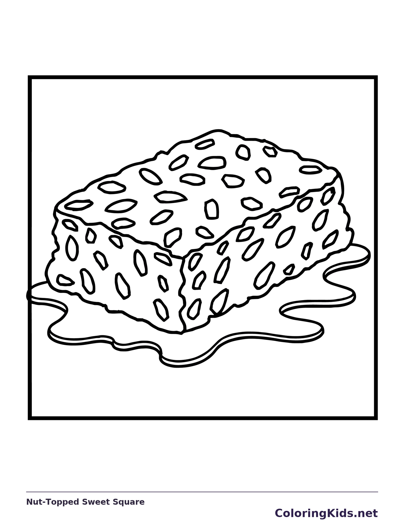 Sweet square with many nut-like topping pieces on a plate