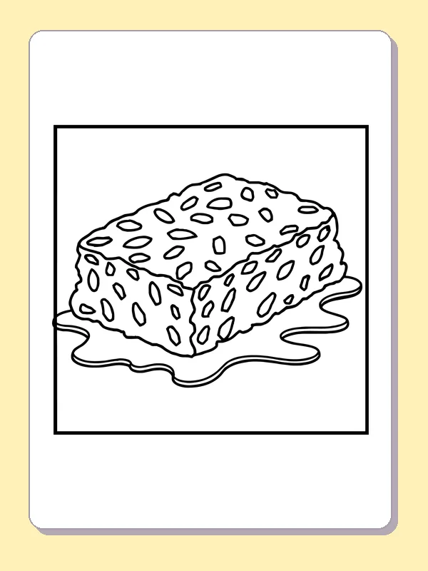 Sweet square with many nut-like topping pieces on a plate