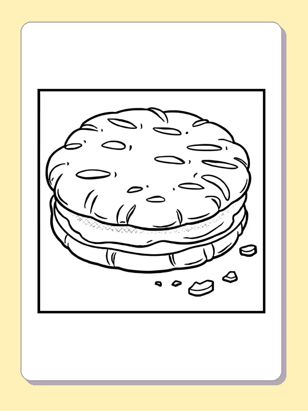 Round sandwich cookie with a thick filling and scattered crumbs